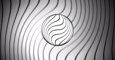 Çizgili arka planda küre üzerinde soyut siyah ve beyaz dalgalı çizgiler. Geometrik, siyah-beyaz