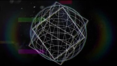 Geometrik şekiller ve çizgiler karmaşık desen oluşturuyor, karanlık arkaplan üzerinde animasyon. Soyut, modern, gelecekçi, dijital, sanat