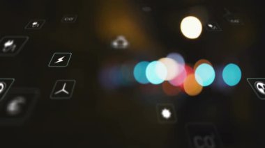 Arka plandaki bulanık şehir ışıkları üzerinde enerji ve çevre simgeleri canlandırılıyor. Sürdürülebilirlik, ekoloji, animasyon, kentsel, çevre dostu, yenilenebilir