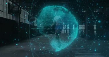 Sanayi bölgesinde dövüş sanatları yapan kişinin holografik dünya animasyonu. Teknoloji, yenilik, savaş alarmları, dijital, fütürist