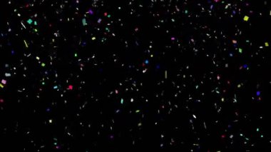 Siyah arka planda renkli konfeti animasyonu düşüyor. Kutlama, parti, şen şakrak, neşe