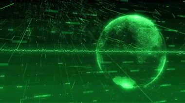 Yeşil teknolojik arkaplan üzerinde dijital küre ve veri görselleştirme animasyonu. Teknoloji, ağ, fütürist, siber, yenilik