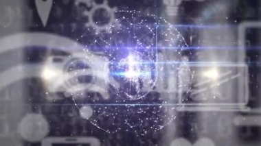 Teknoloji simgeleri üzerinde bağlantılar ve veri işleme animasyonu ağı. dijital, iletişim, geleceksel, arayüz