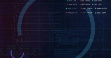 Mavi dairesel dijital arayüz üzerinde borsa veri animasyonuna sahip bir simge kilitle. Siber güvenlik, finans, teknoloji, grafik