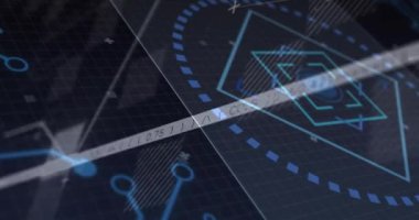 Geometrik şekiller ve veri işleme animasyonu teknik şebeke arka planında. Teknoloji, dijital, soyut, geleceksel, ağ, yenilik