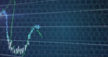 Yükselen ve düşen fiyatlarla borsa tablosu altıgen şebeke üzerinde animasyon. Finans, yatırım, ticaret, veri, analiz, teknoloji
