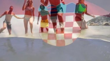 İnsanlar suda Hırvat bayrağı animasyonuyla koşuyor. Vatanseverlik, kutlama, spor, milli gurur, takım ruhu