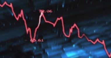 Mavi zemin üzerinde kırmızı borsa grafik animasyonu ve dalgalanan rakamlar. Maliye, ekonomi, ticaret, analitik, veri, yatırım
