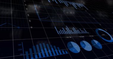 Finansal tablolar ve grafik animasyonları dijital veri şebekesi arka planında. Finans, teknoloji, analiz, ekonomi