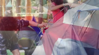 Çadır kurmak, İngiltere bayrağı animasyonunda kamp yapmak. açık hava, macera, eğlence, doğa, seyahat, renkler