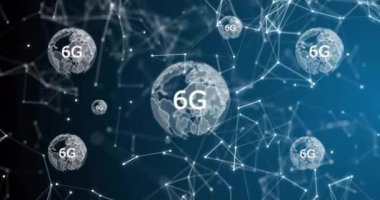 Dijital dünya haritası üzerinde 6G ağı ve küresel bağlantı animasyonu. Teknoloji, kablosuz, iletişim, gelecek, yenilik
