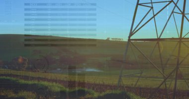 Yüksek voltaj hatları üzerinden finansal veri işleme görüntüsü. Küresel iş, finans, veri işleme ve dijital arayüz kavramı dijital olarak oluşturuldu.