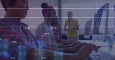 Image of financial data processing over diverse business people. Global finances, business and digital interface concept digitally generated image.