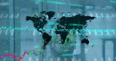 Dünya haritası ve melez iş adamı istatistikleriyle finansal veri işleme görüntüsü. Küresel iş, finans ve veri işleme kavramı dijital olarak oluşturulmuş görüntü.