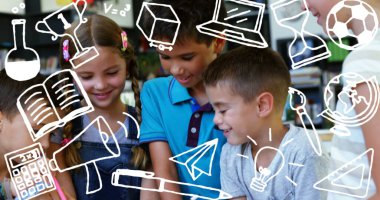 Okulda birlikte okuyan bir grup farklı öğrencinin okul konsepti simgeleri. Okul ve eğitim kavramı