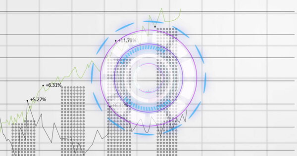 Image of scope and financial data processing over white background. Global business, data processing and digital interface concept digitally generated image.