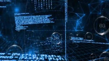 Mavi matris arkaplanı üzerinde dijital kod ve veri işleme animasyonu. Teknoloji, kodlama.