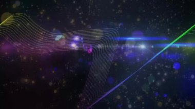 Koyu yıldızlı arka planda renkli ışık dalgaları ve parçacıkların animasyonu. Soyut, neon, ışıltı, fütürist, dijital, canlı