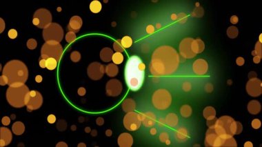 Yeşil daire ve parlak parçacıklar koyu arkaplanda ışık çizgileri oluşturur. Soyut, dijital, enerji, fütüristik, hareketli, canlı