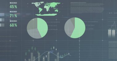 Gri arkaplan üzerinde finansal veri işleme resmi. Küresel iş, finans, hesaplama ve veri işleme kavramı dijital olarak oluşturulmuş görüntü.