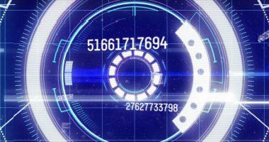 Siyah arkaplana karşı yuvarlak tarayıcı üzerinden rakamların ve veri işleme görüntüsü. Bilgisayar arayüzü ve iş teknolojisi kavramı