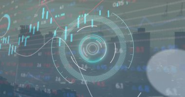 Şehir manzarası üzerinde kapsam ve veri işleme görüntüsü. Küresel bağlantılar, dijital arayüz, iş, finans, hesaplama ve veri işleme kavramı dijital olarak oluşturulmuş görüntü.