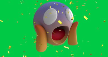 Şok olmuş emoji simgesi üzerine düşen konfeti resmi yeşil ekran üzerinde. küresel sosyal medya, kutlama ve iletişim konsepti dijital olarak oluşturulmuş görüntü.