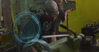 Afro-Amerikan mekanik işletim makineleri üzerinde daireler olan veri koruma metni resmi. Dijital bileşik, çoklu pozlama, güvenlik, veritabanı, oto tamir ve imalat.