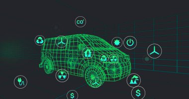 3D Van Modeli üzerinde çoklu dijital simgelerin görüntüsü siyah arkaplanda kusursuz bir şekilde hareket ediyor. Otomobil mühendisliği ve iş teknolojisi kavramı