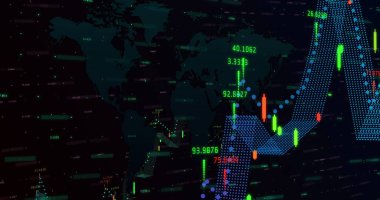 Dünya haritası ile veri işleme ve değişen numaraların resmi. küresel veri işleme ve dijital arayüz konsepti dijital olarak oluşturulmuş resim.