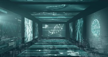 Yeşil arka planda tıbbi veri işleme ekranları olan tünelin dijital görüntüsü. tıbbi araştırma ve modern teknoloji konsepti