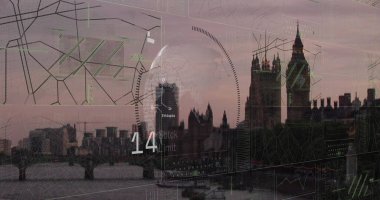 Veri işleme ve şehir manzarası üzerinden dünya ile bağlantı ağının resmi. Küresel iş ve dijital arayüz, dijital olarak oluşturulmuş görüntü.