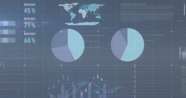 Gri arkaplan üzerinde finansal veri işleme resmi. Küresel iş, finans, hesaplama ve veri işleme kavramı dijital olarak oluşturulmuş görüntü.