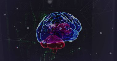 Sunucu odasındaki bağlantıların ve beynin görüntüsü. Küresel teknoloji ve dijital arayüz konsepti dijital olarak oluşturuldu.