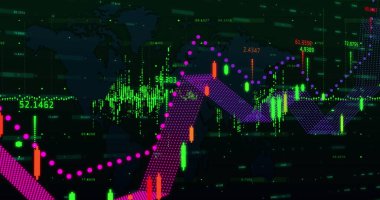 Finansal veri işleme ve istatistik kaydı. küresel iş, finans, bağlantılar ve dijital arayüz konsepti dijital olarak oluşturulmuş görüntü.
