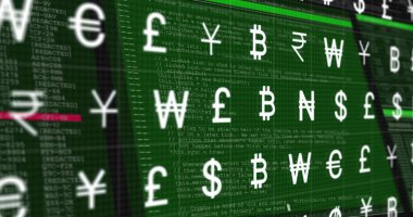 Ekranda para birimi sembolleri ve veri işleme resmi. Küresel finans, iş, bağlantılar, hesaplama ve veri işleme kavramı dijital olarak oluşturuldu.