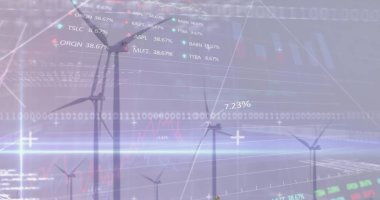 Image of statistical and stock market data processing against spinning windmills on grassland. Global economy and renewable energy technology concept clipart