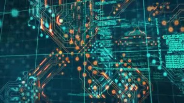 Siyah arka planda bilgisayar devre kartı ve veri işleme animasyonu. Dijital olarak oluşturulmuş küresel bağlantılar, bilgisayar ve dijital arayüz kavramı.