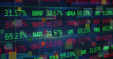 Borsa veri işleme görüntüsü, dijital simgeler ağı ve pleksus ağları. Küresel ekonomi ve iş ağı teknolojisi kavramı