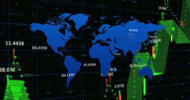 Dünya haritası üzerinde finansal veri işleme resmi. küresel iş, finans, bağlantılar ve dijital arayüz konsepti dijital olarak oluşturulmuş görüntü.