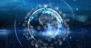 Bağlantılar ve simgelerle veri işleme ve küresinin resmi. Küresel ağlar, dijital arayüz ve dijital olarak oluşturulan veri işleme kavramı.