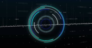 Neon yuvarlak tarayıcı görüntüsü ve siyah arkaplan üzerinde veri işleme. Bilgisayar arayüzü ve iş veri teknolojisi kavramı