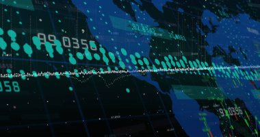 Dünya haritasında kara arkaplana karşı veri işleme görüntüsü. Küresel ağ ve iş arayüzü teknolojisi kavramı