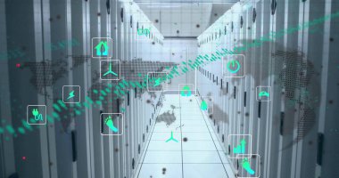 Bilgisayar sunucuları üzerinden ekolojik simgelerin ve veri işlemenin resmi. Küresel iş, bağlantılar, hesaplama ve veri işleme kavramı dijital olarak oluşturulmuş resim.