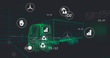 Kusursuz model ve veri işlemede 3D kamyon modeli üzerinde çoklu dijital simgelerin görüntüsü. Otomobil mühendisliği ve iş teknolojisi kavramı