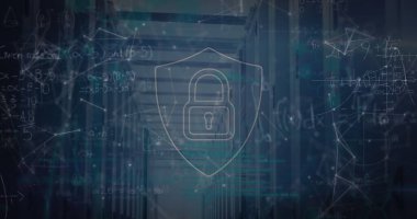 Matematiksel denklemler ve sunucu odasındaki asma kilit ve şekillerin resmi. Küresel iş ve dijital arayüz kavramı dijital olarak oluşturulmuş görüntü.