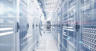 Grafiklerin resmi, değişen numaralar, sunucu odasına daireler ve çubuklar yükleme. Dijital bileşik, rapor, iş, büyüme, ilerleme, veri merkezi, ağ, teknoloji ve ağ sunucu kavramı.