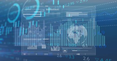 Mavi arka planda istatistiksel ve borsa veri işleme arayüzü görüntüsü. Küresel ekonomi ve iş teknolojisi kavramı