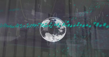 Küre görüntüsü, tabletteki kahve fincanının üzerindeki grafikler. Dijital bileşik, çoklu pozlama, rapor, iş, büyüme, içecek, içki, soyut ve küreselleşme kavramı.