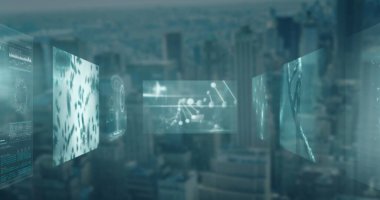 Şehir manzarasına karşı tıbbi veri işleme ekranlarının dijital kompozit görüntüsü. tıbbi araştırma ve teknoloji konsepti.